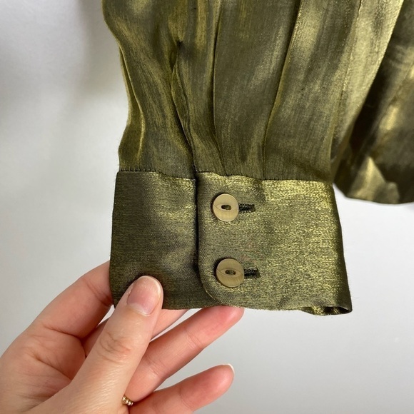VINTAGE Liz Claiborne metallic sheen green bronze buttons down blouse - Picture 3 of 7